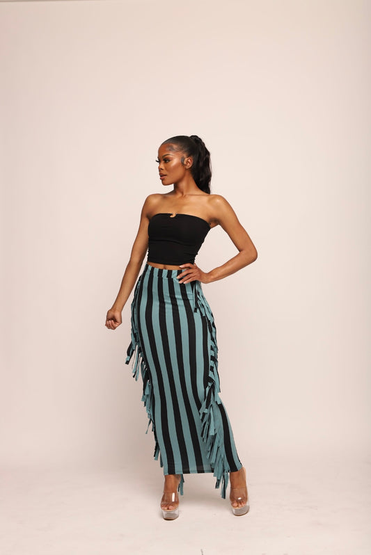 🎬To The Max Fringed Maxi Skirt Blue 🎬